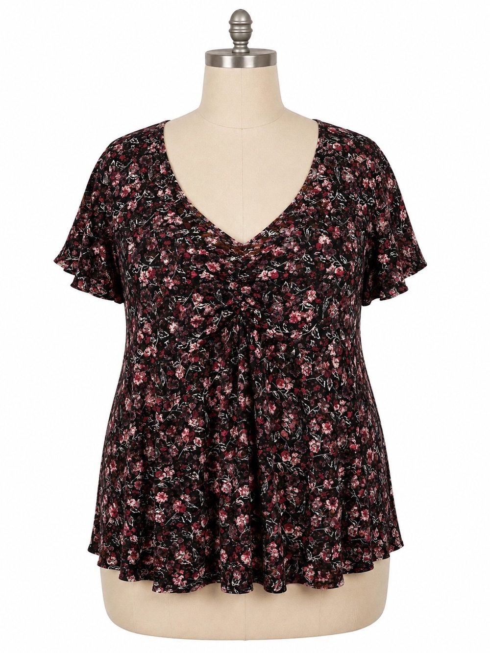 torrid Black V-Neck Flutter Sleeve Top with Pink Floral Print Size 1 (14/16)